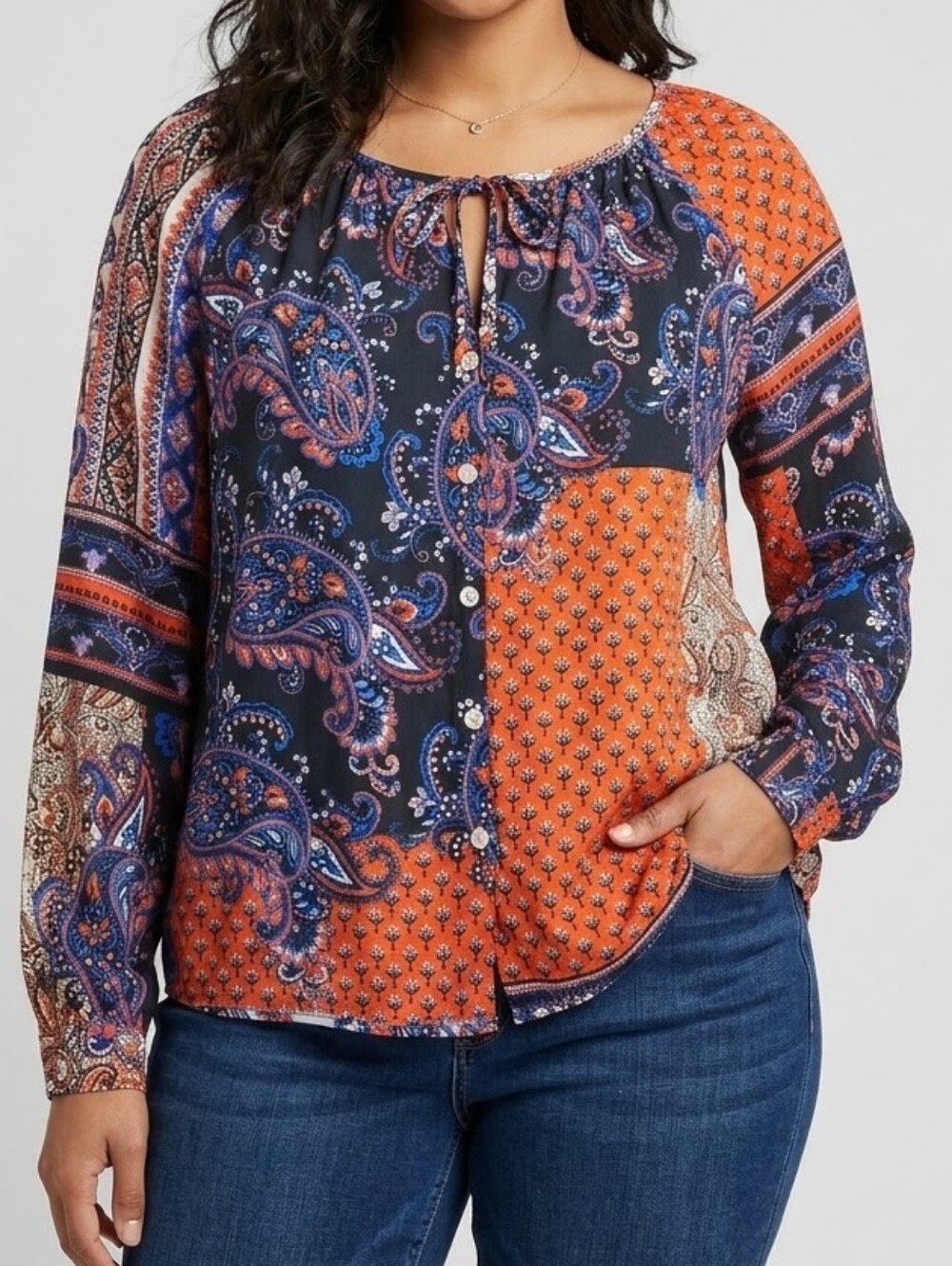 Karen Kane Bohemian Patchwork Paisley Tie-Neck Blouse XS, Excellent Condition!
